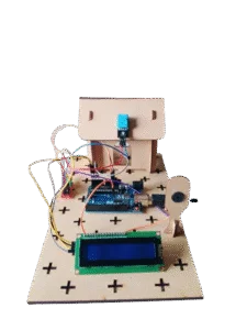 A digital room temperature monitoring system with an LCD display showing real-time environmental data in a smart home setting