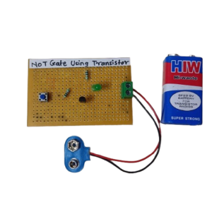 Electronic schematic of a NOT gate using an NPN transistor, showing input, output, and resistor configuration.