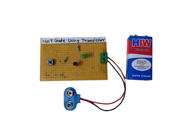 Electronic schematic of a NOT gate using an NPN transistor, showing input, output, and resistor configuration.